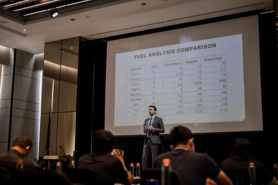 Fuel analysis comparison of cane leaves, bagasse and wood chips shown at an Arrow Energy technical seminar