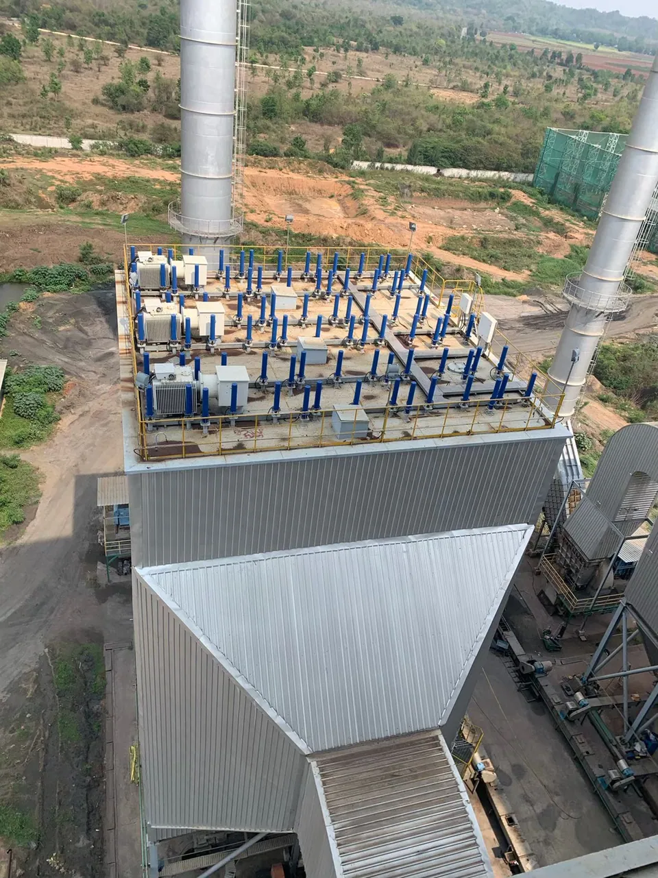 Precipitator roof from above — insulator housings and rapping gear