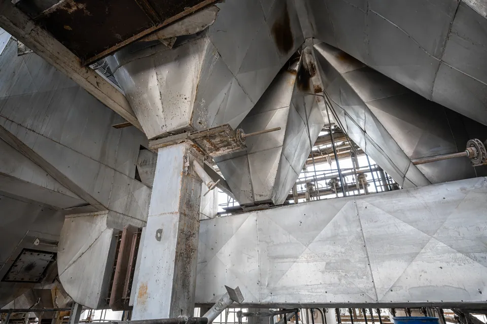 Hopper and support structure viewed upward during inspection